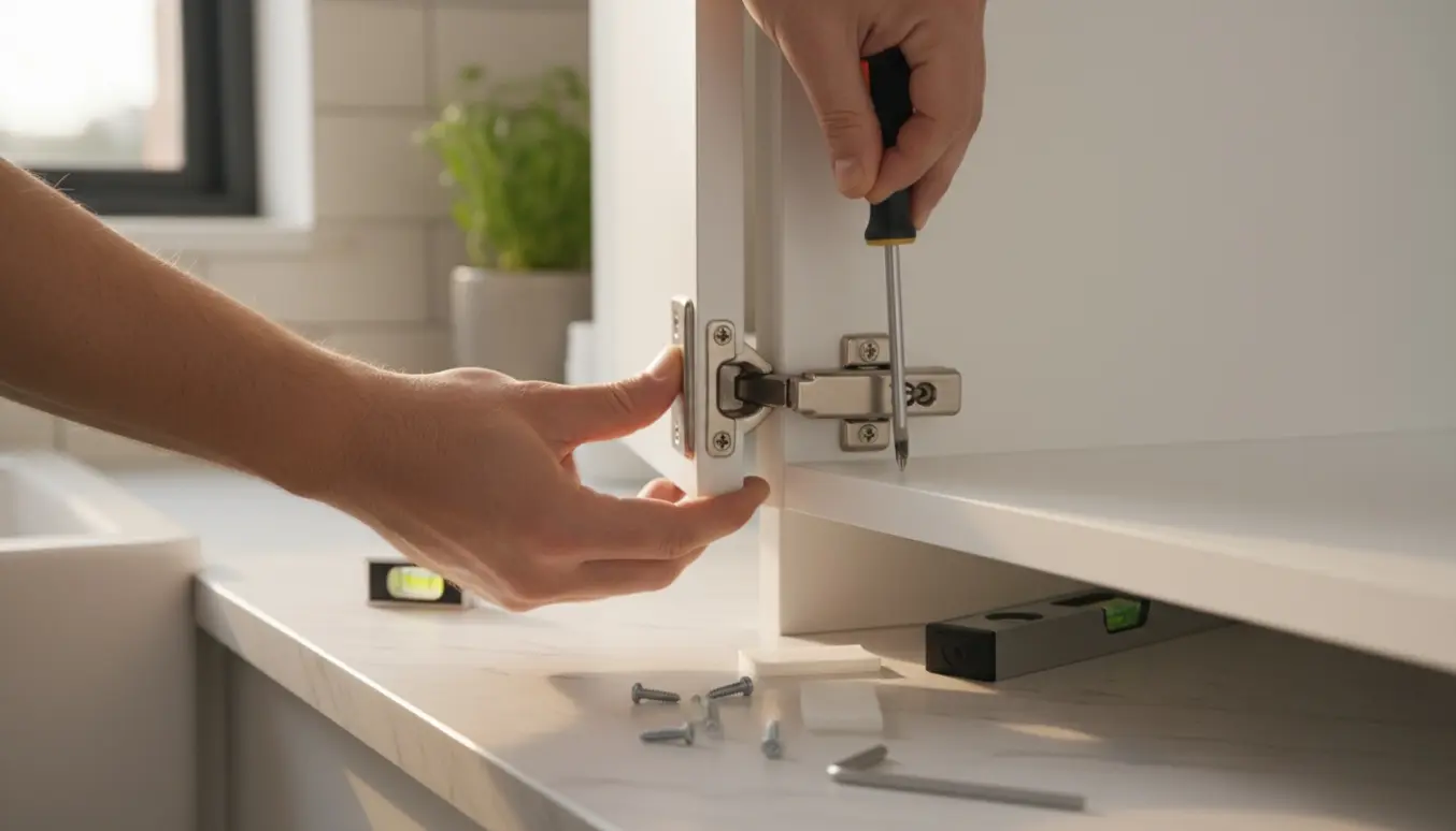 Nærbillede af hænder, der justerer hængslet på en hvid skabslåge med en skruetrækker.