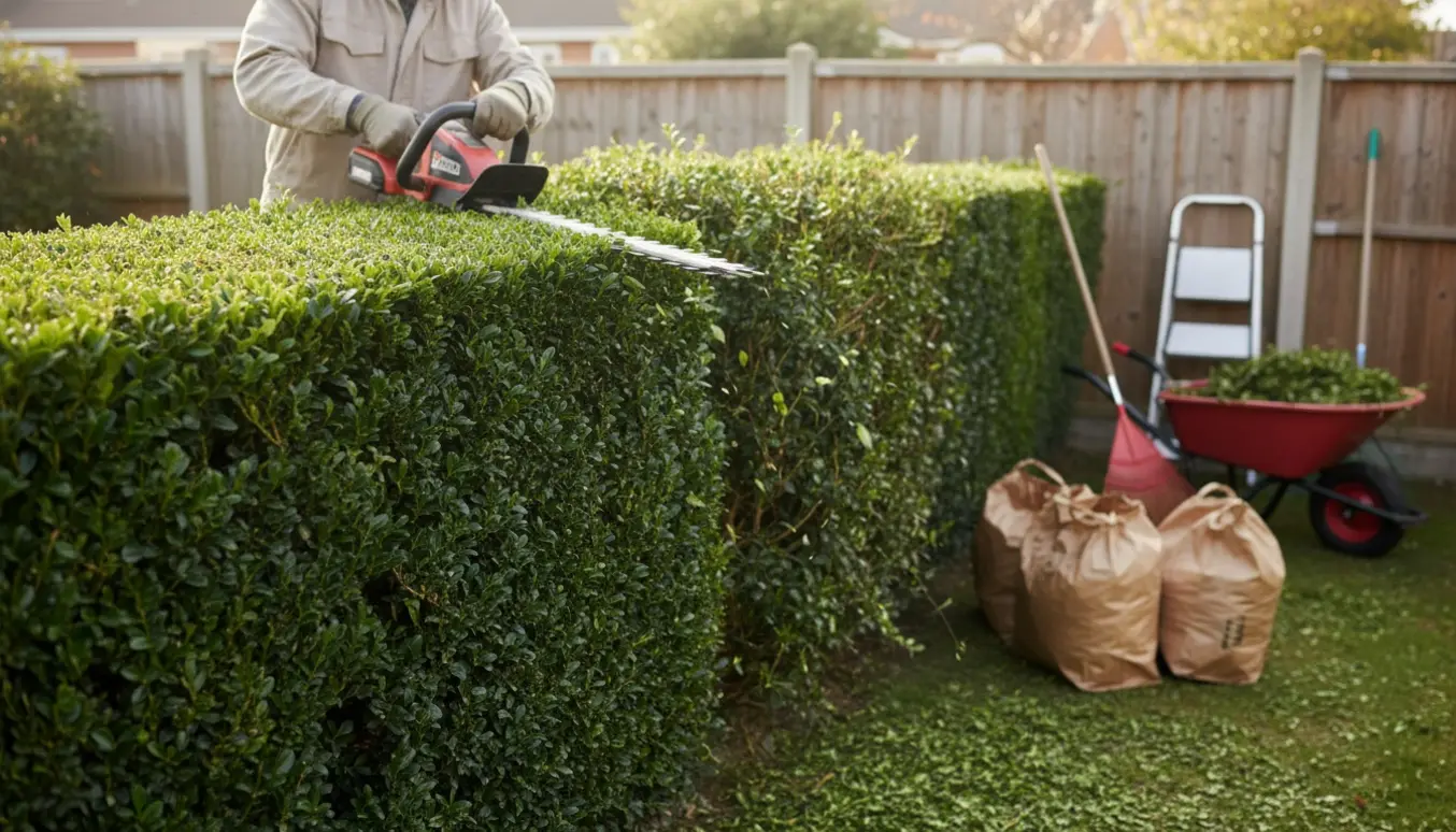 En person uden synligt ansigt klipper en to meter høj ligusterhæk med en hækkeklipper og trillebør fyldt med afklip ved siden af.