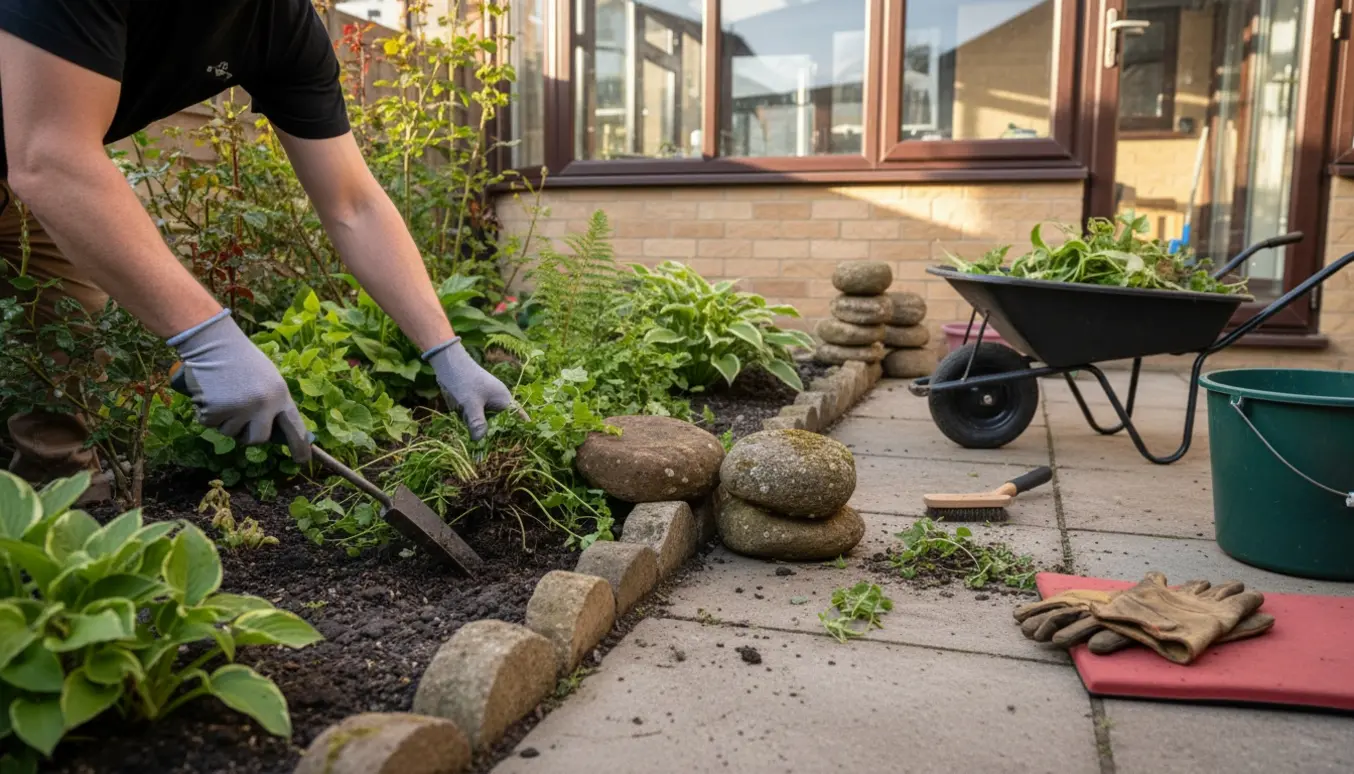 Gloveklædte hænder fjerner ukrudt og flytter kantsten i en lille have ved et rækkehus.