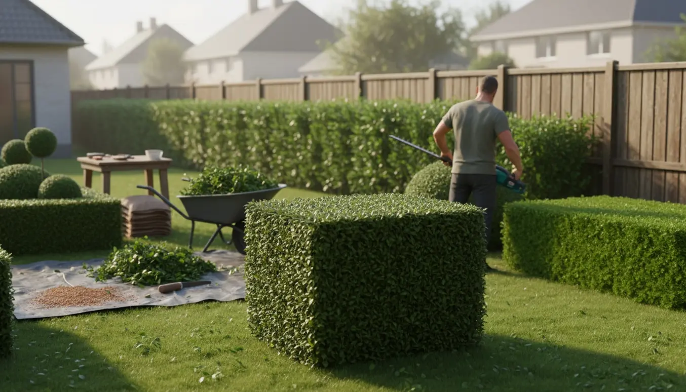 Havearbejder trimmer hække og buksbom med hækkeklipper og beskæresakse, mens en trillebør er fyldt med friske afklip.