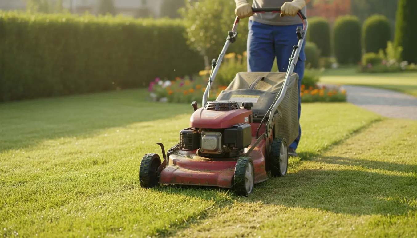 Plæneklipper med opsamler i brug på en velholdt græsplæne, set bagfra uden synligt ansigt.