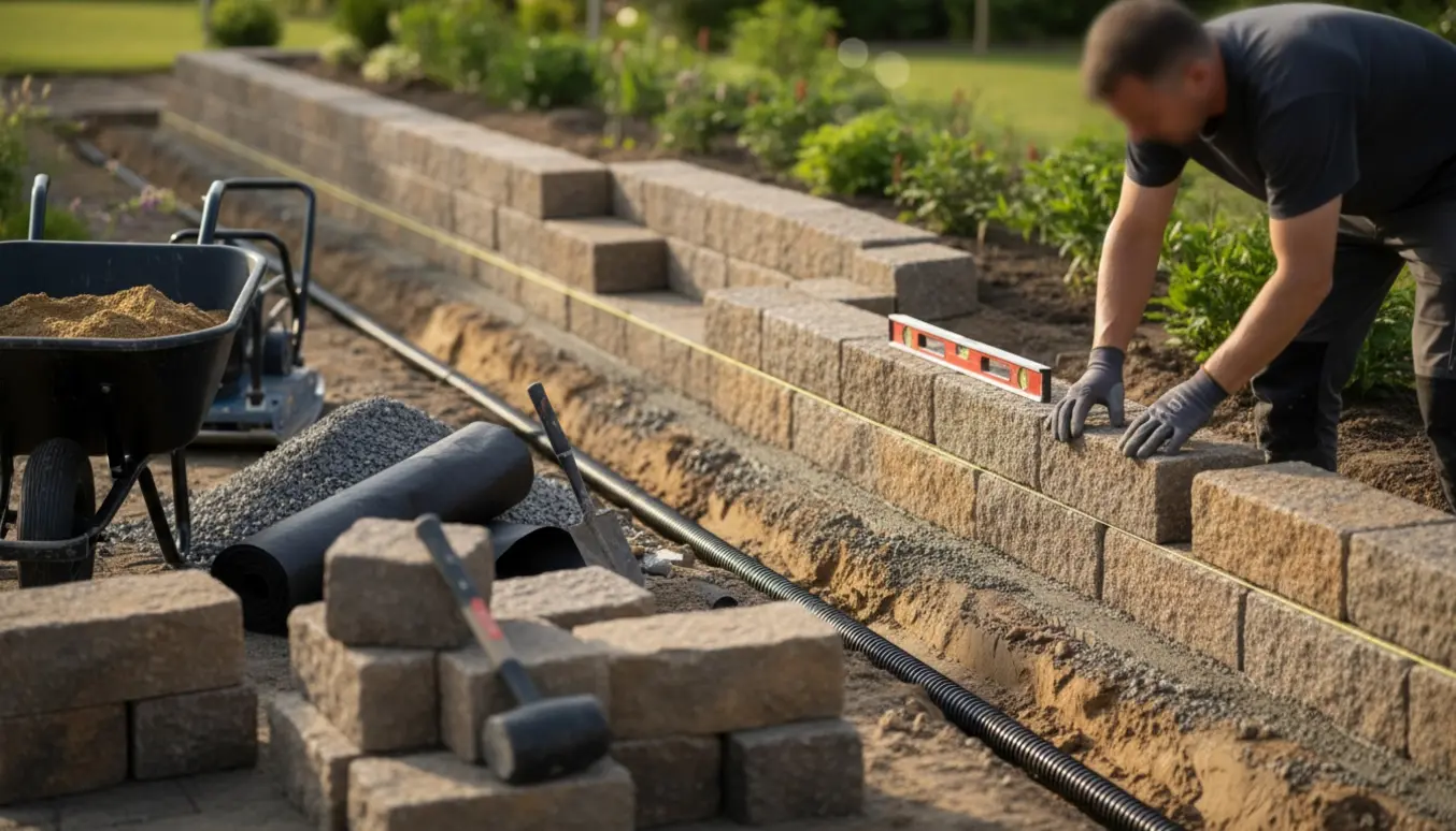 Delvist opført ca. 25 m støttemur i herregårdssten med fundament, dræn og byggematerialer i forgrunden.