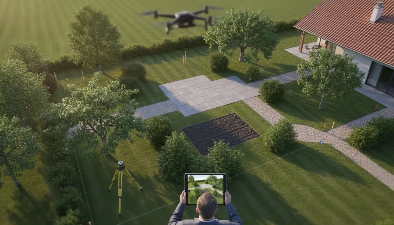 Dronefoto i fugleperspektiv af en 2000 m² grund med afmærkede grænser og en landskabsdesigner, der holder en tablet med en 3D-haveplan.