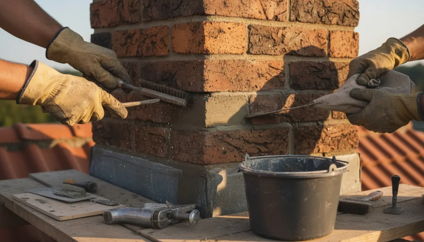 Nærbillede af hænder, der kratter gamle fuger og påfører ny mørtel på en ældre skorsten på et tag.