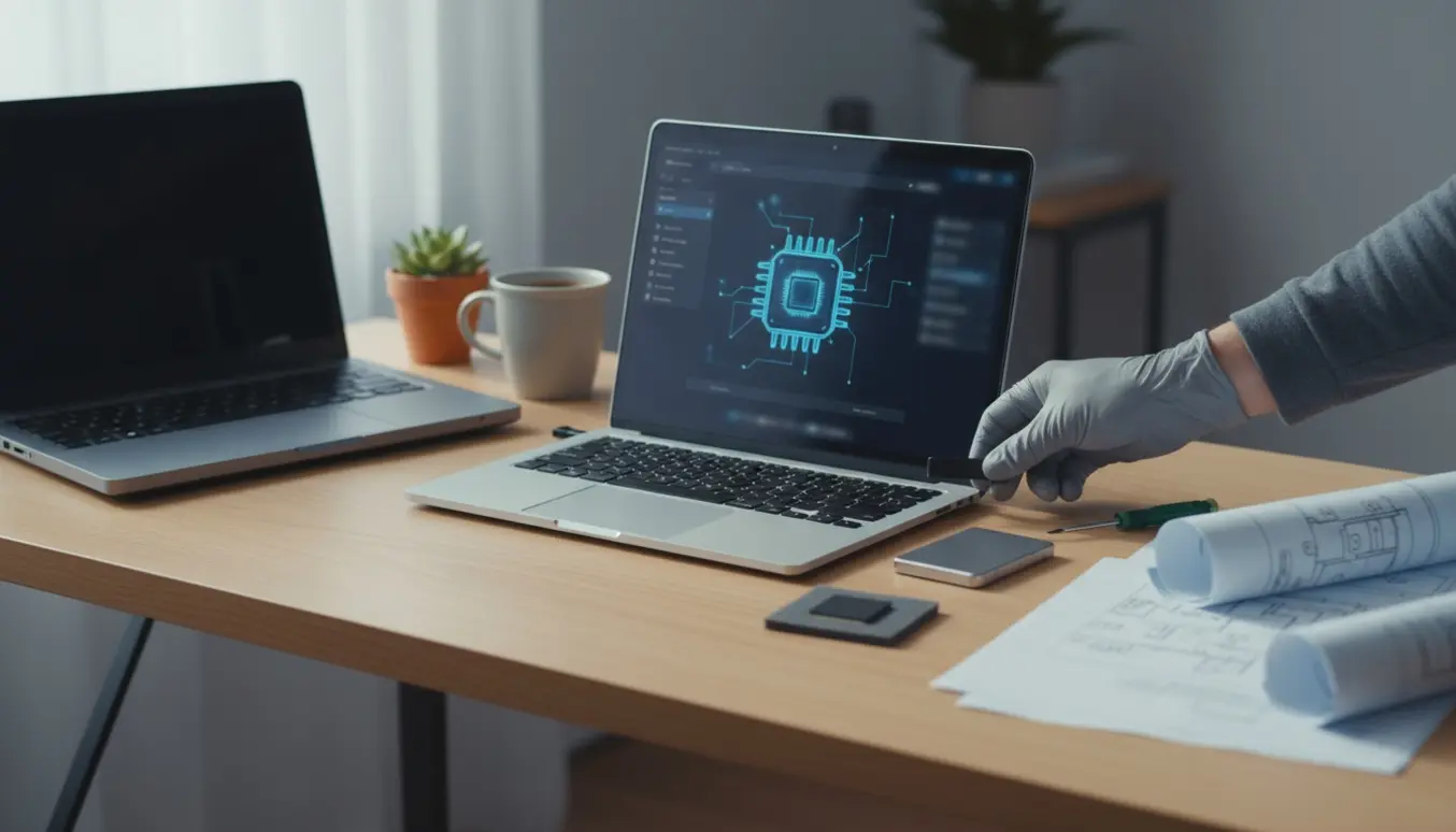 Skrivebord med bærbar computer, USB-installationsdrev og ekstern backup klar til opgradering til 64-bit Windows.
