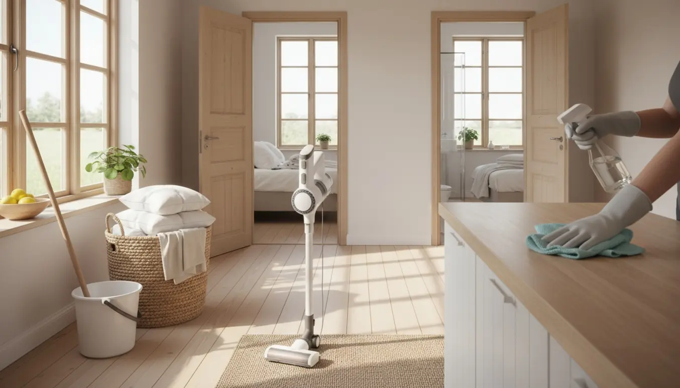 Lyst sommerhusinteriør under rengøring med støvsuger, moppe og foldet sengetøj.