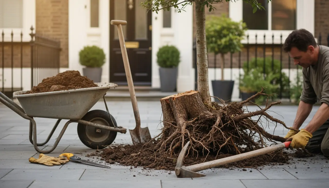 Fjernelse af et lille træ ved indgangen til et rækkehus med eksponerede rødder og haveredskaber.