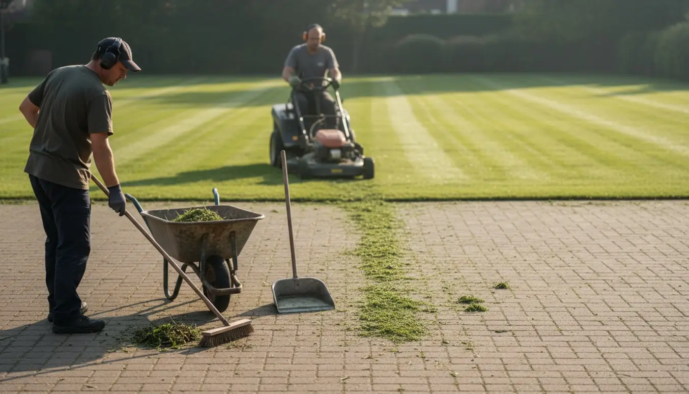Gårdsplads fejes og en stor græsplæne slås med plæneklippere på en solrig morgen.