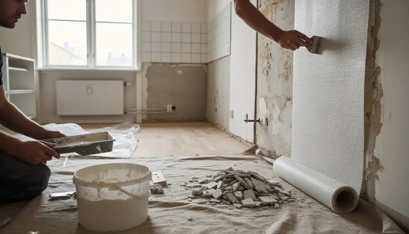 Tom, lille køkken klar til opsætning af filt og maling med værktøj og afdækning.