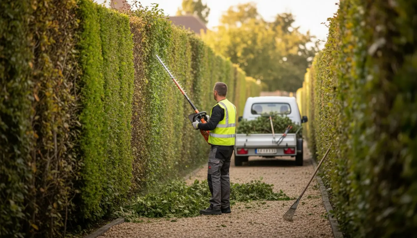 Person trimmer en lang hæk på cirka 160–180 cm og læsser afklip i en anhænger.