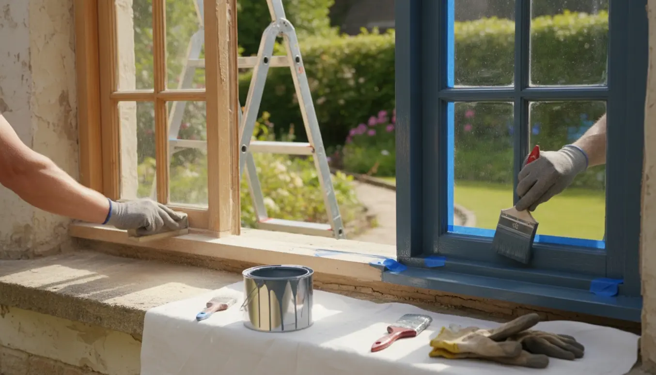 To vinduer på stige udendørs, det ene slebet og det andet nymalet med pensler og malerbøtte i forgrunden.