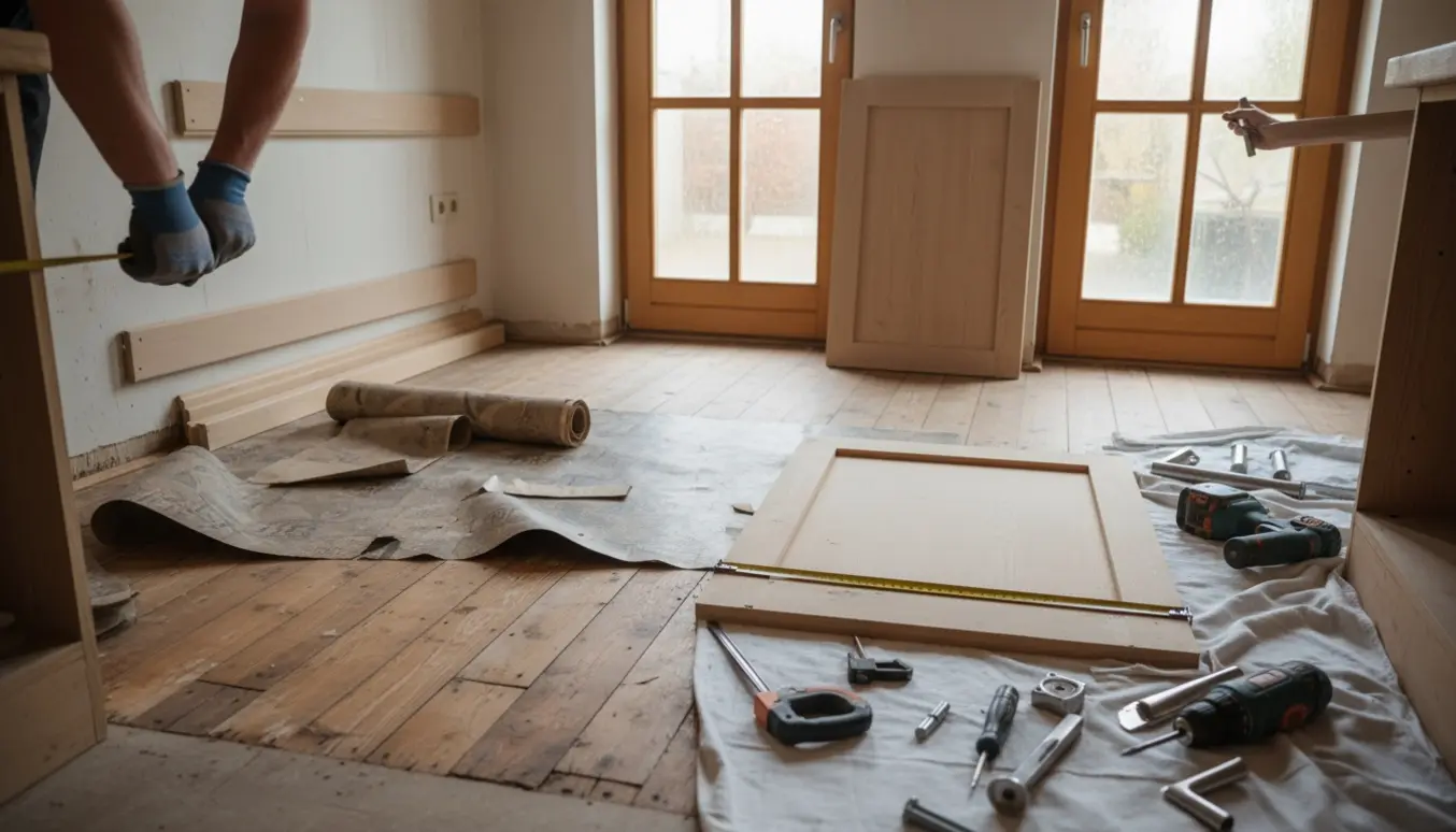 Køkken under renovering: fjernet vinylgulv, gamle lister og nye sandlister klar til opsætning, samt tilskåret hylde under vask.