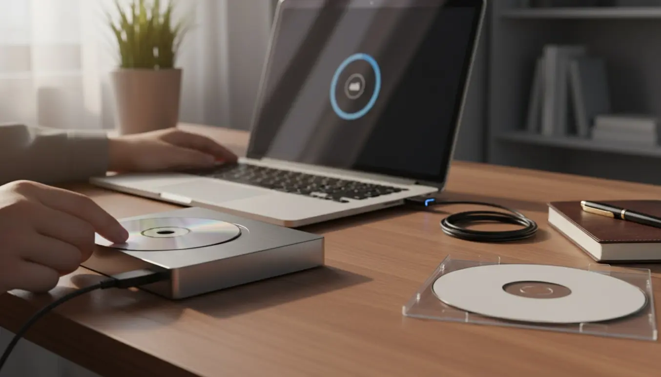 Hånd indsætter en CD i et eksternt drev ved en bærbar computer med et tilsluttet USB-stick.