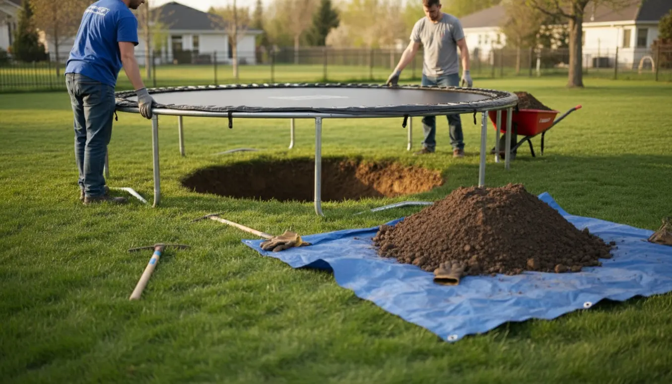 Installation af nedgravet trampolin i en have med hul i græsset, jord på tarp og redskaber ved siden af.
