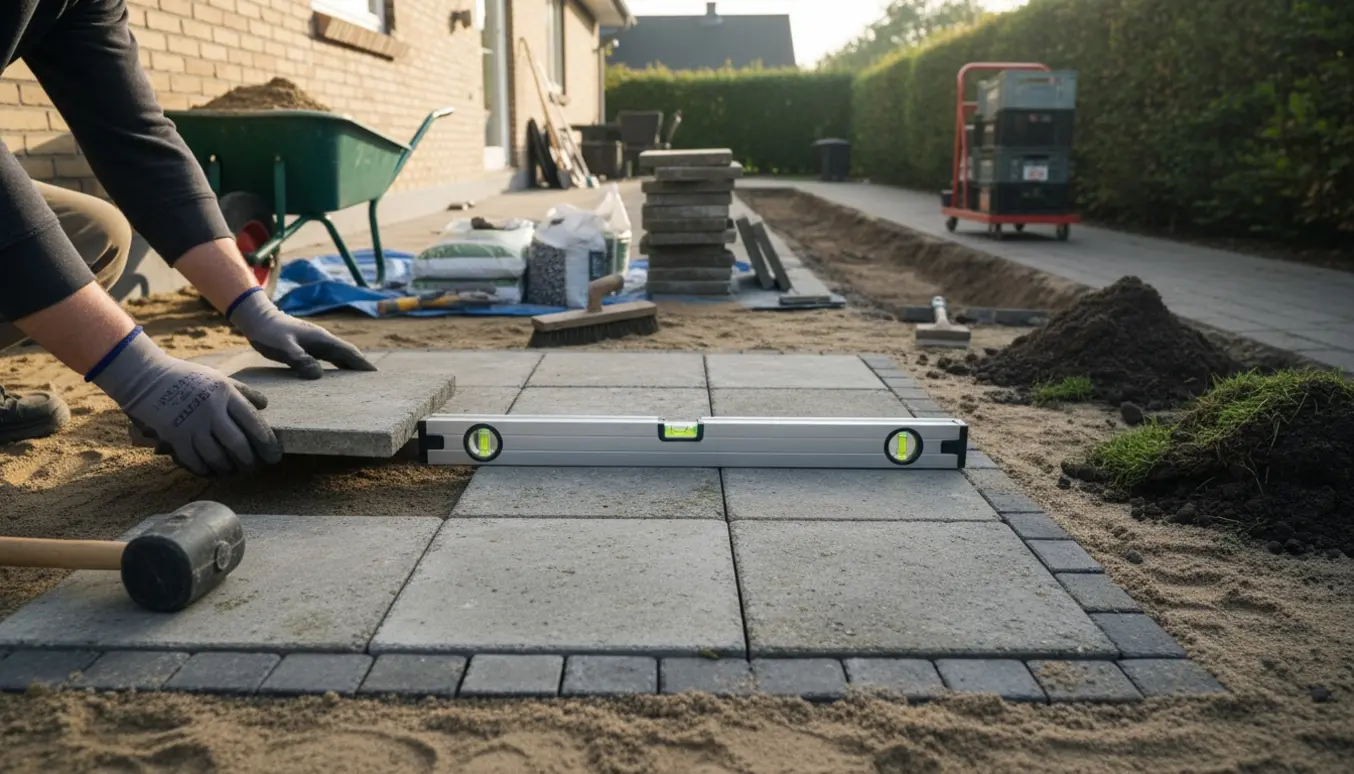 Genbrugte fliser lægges i have med værktøj, sand og ryddet jord i baghaven.