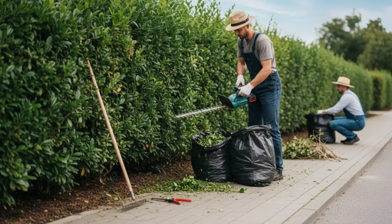 Hækklipning og ukrudtsfjernelse i en forhave med værktøj og afklip samlet i affaldsposer.