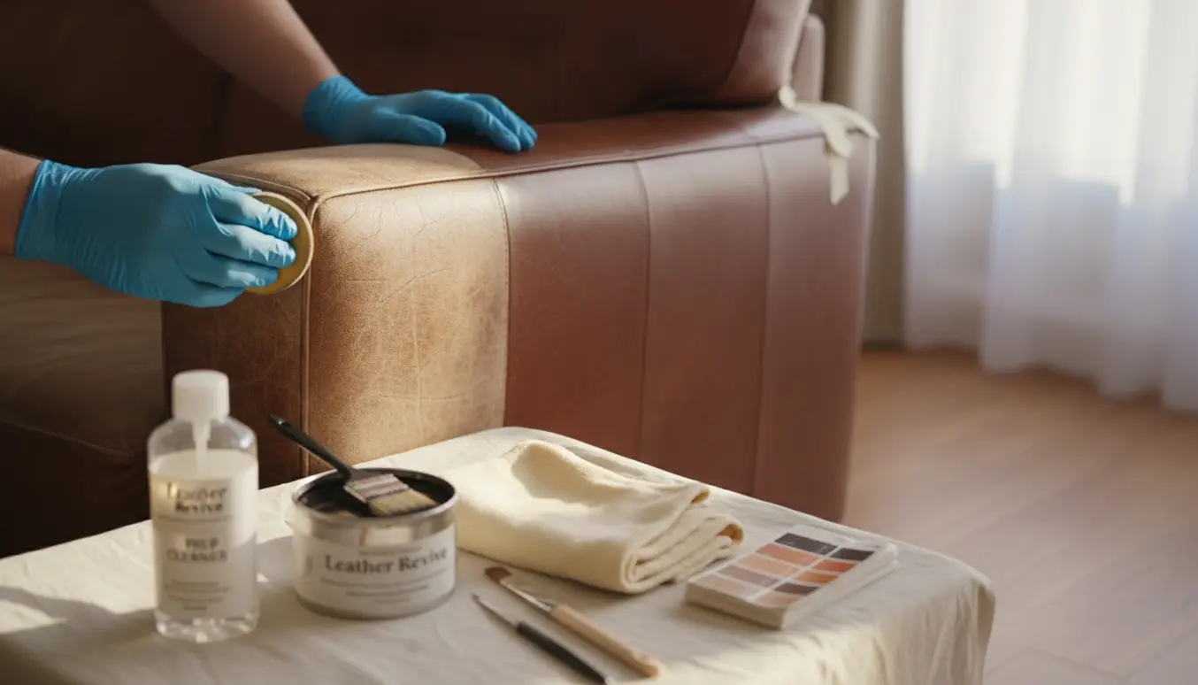 Hænder opfrisker en solbleget lædersofas arm med en svamp og læderfarve.