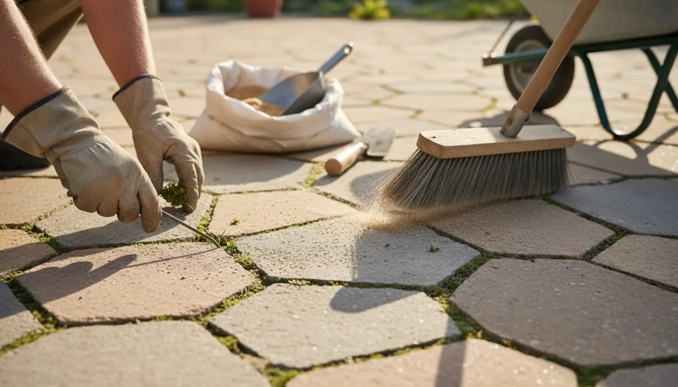 Person fejer nyt sand ned mellem fliser og fjerner grønt ukrudt på en solbelyst terrasse.