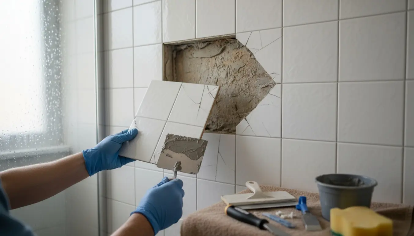 Nærbillede af udskiftning af hvide fliser i en bruseniche med værktøj og hænder uden synlige ansigter.