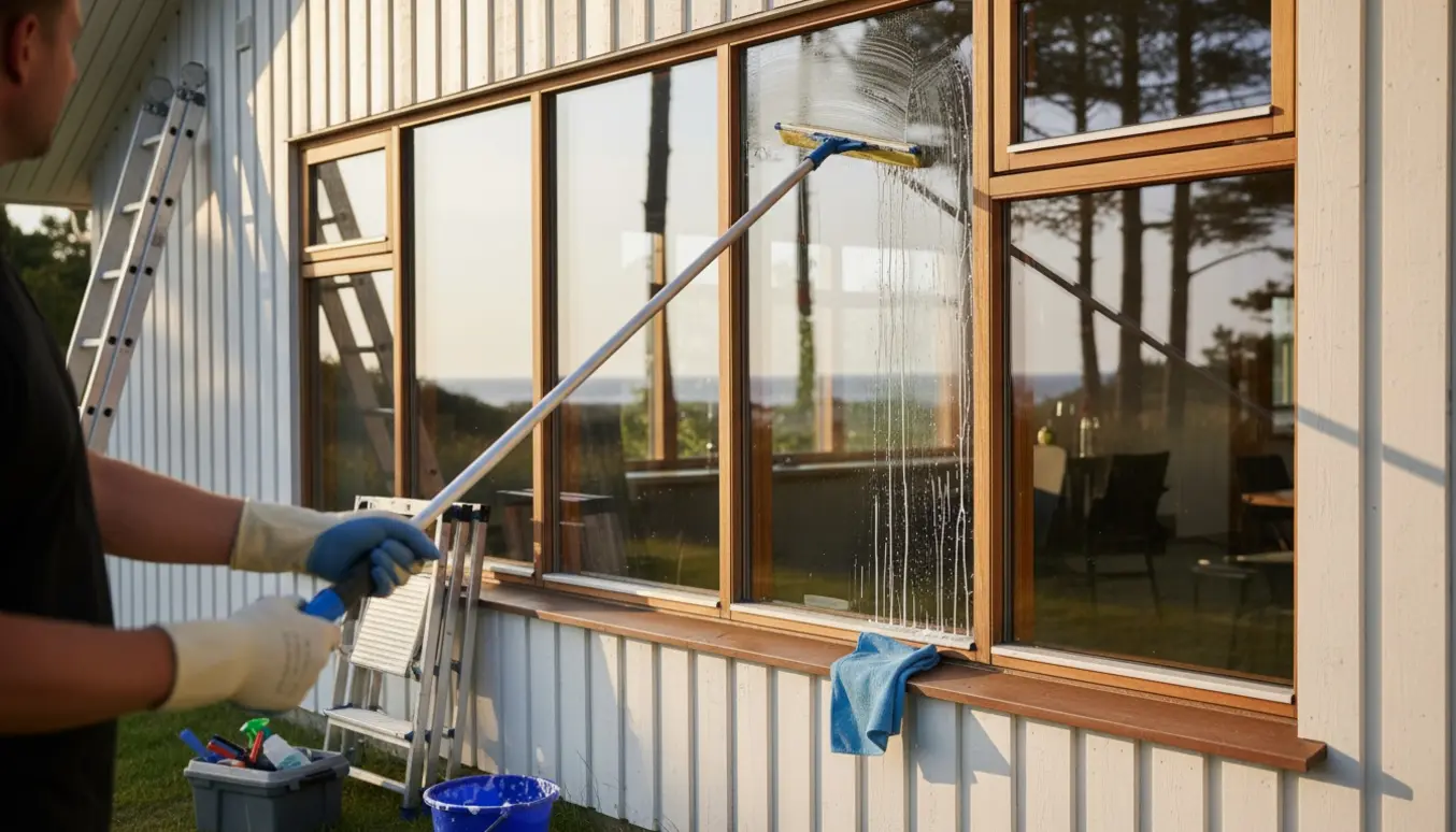 Person pudser store og almindelige vinduer på et solbelyst træ-sommerhus med squeegee og spand.