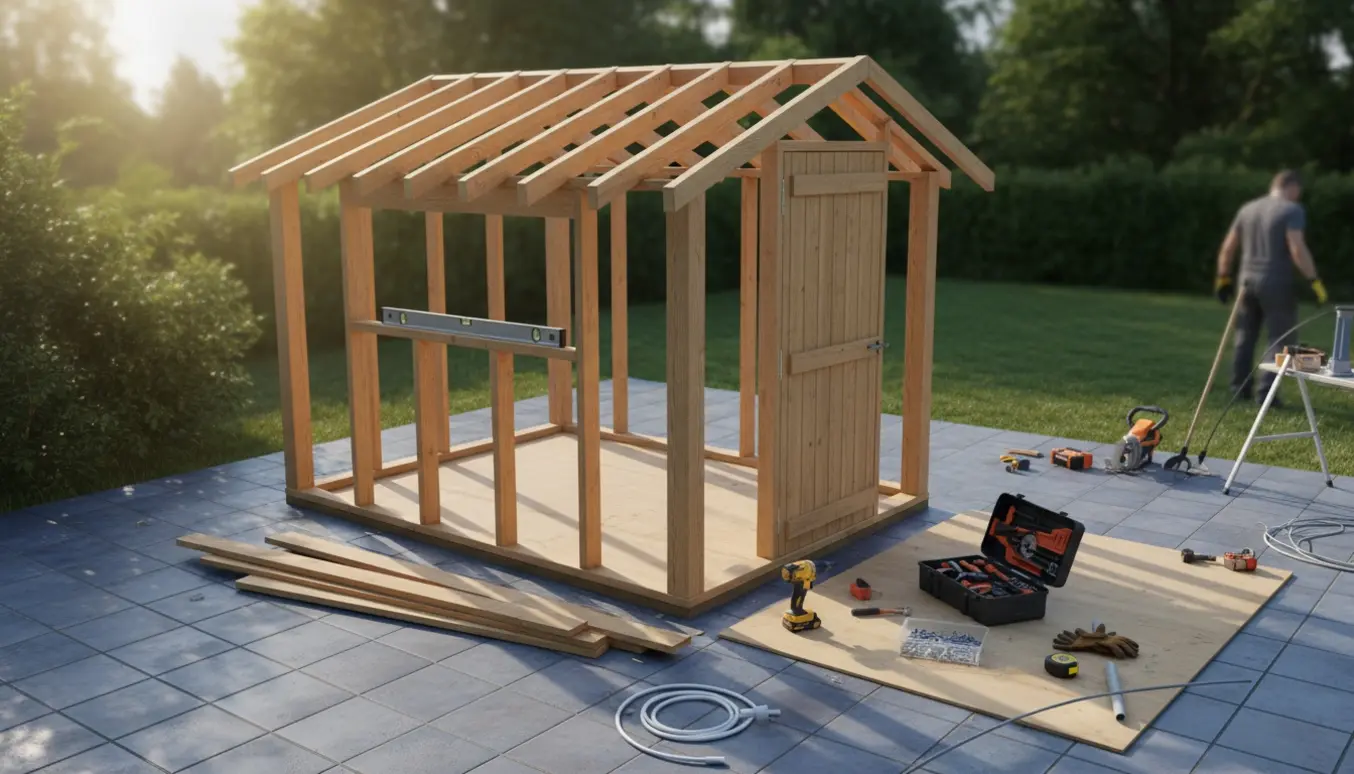 Delvist opført træskur på fliser med byggeudstyr og elkanal klar til installation.