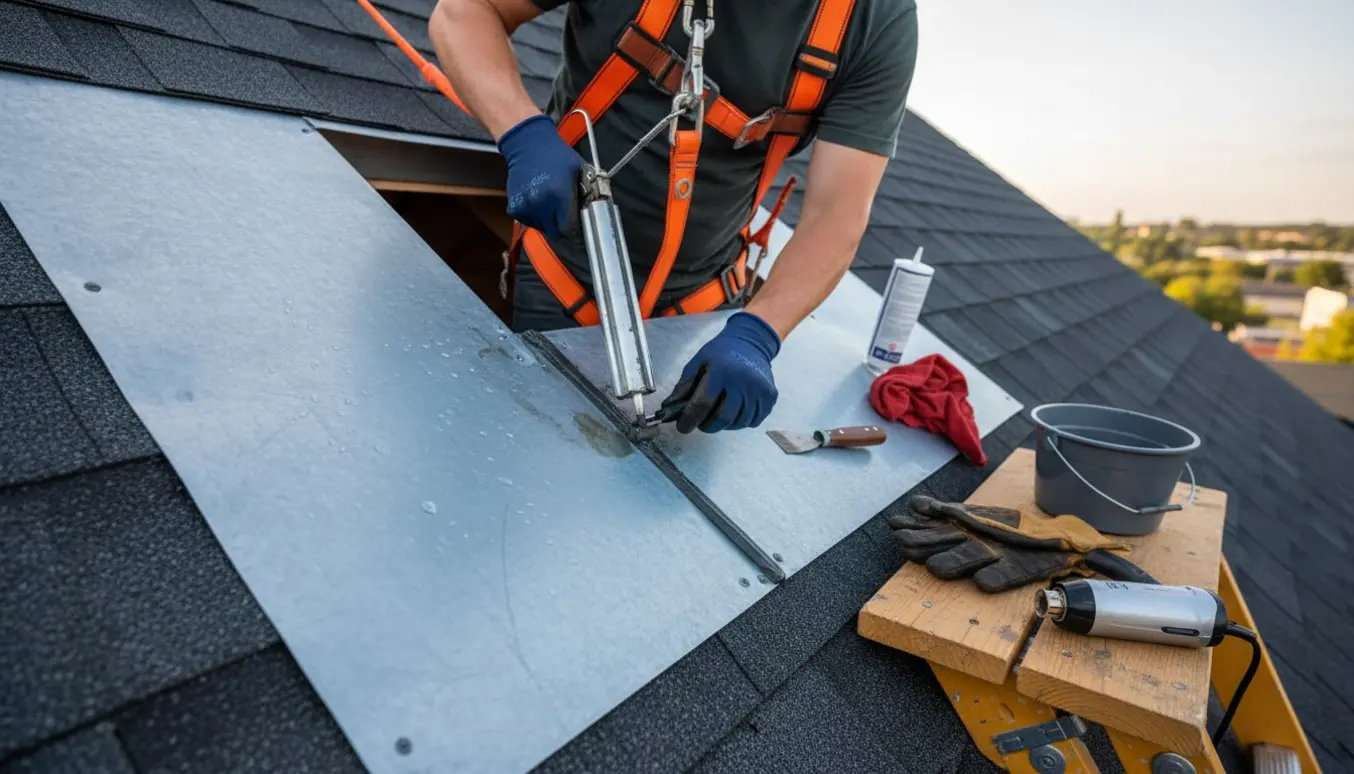 Nærbillede af håndværker i sikkerhedssele, der tætner samlingerne på en zinkbeklædt kvist med fugepistol og værktøj.