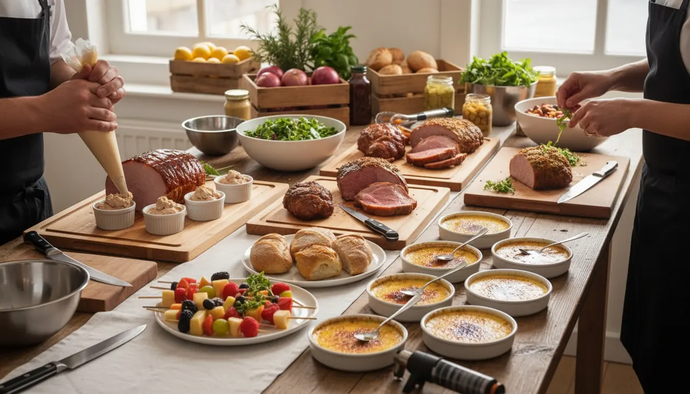Forberedelse af buffet til bryllup og barnedåb med tunmousse, tre slags kød, tilbehør og crème brûlée på et lyst køkkenbord.