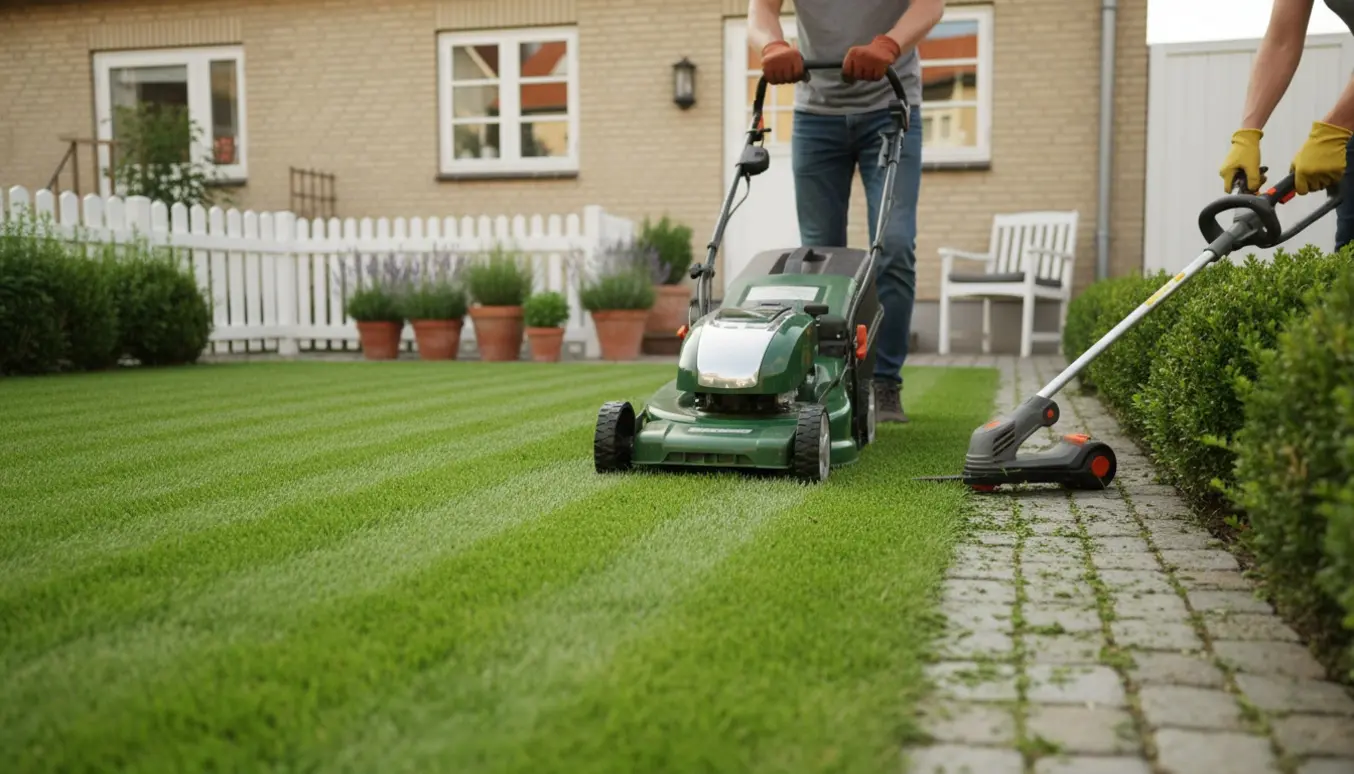 Plæne på cirka 75 m² i Hellerup med plæneklipper, trimmede kanter og en lille nypudset hæk.