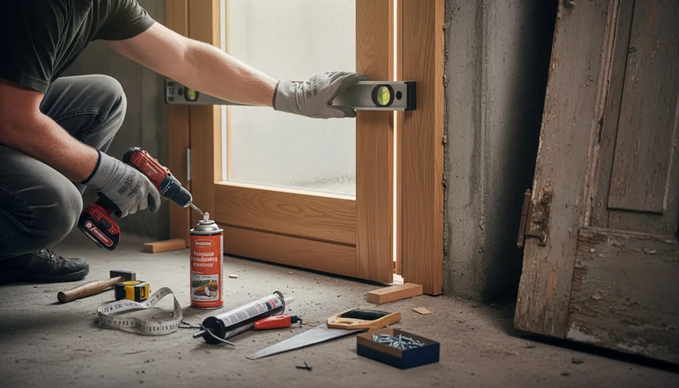 Træ-kælderdør med glas under montering i en kælderskakt, håndværker arbejder med karm og værktøj.