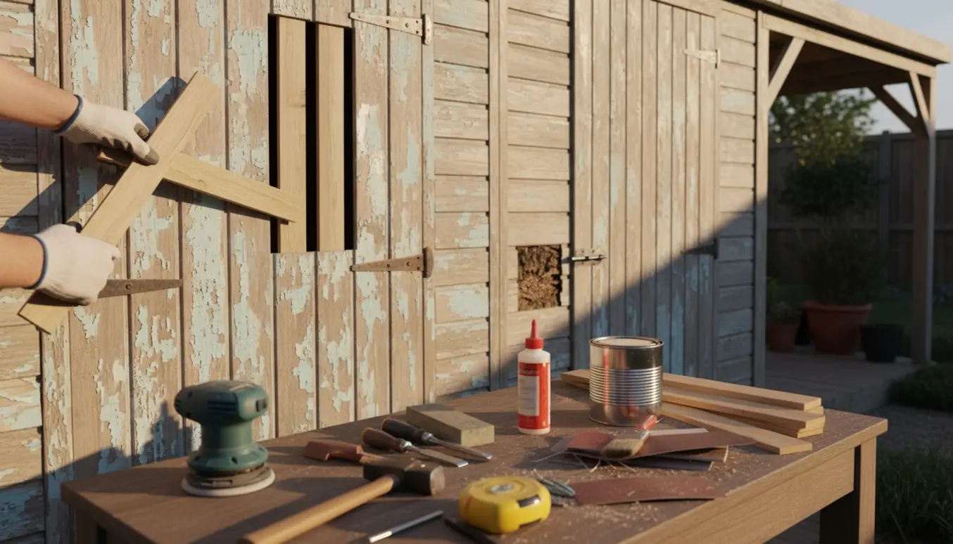 Nærbillede af hænder, der reparerer træskurdøre med nye lister og værktøj i blødt eftermiddagslys.