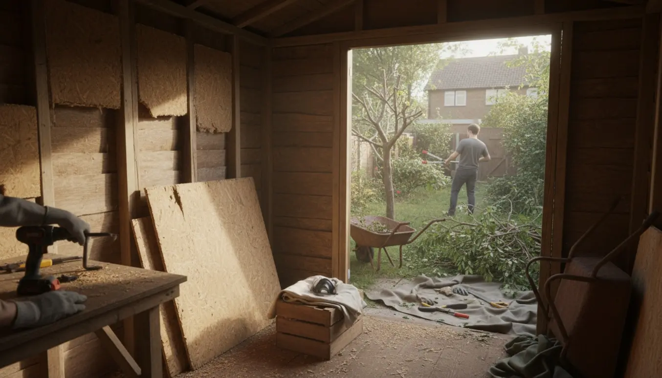 Indvendigt haveskur med afmonterede spånplader og en have med nyklippede buske og et lille udgået træ.