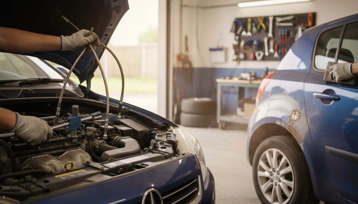 Et lille hatchback-bil i en garage, hvor bremserør udskiftes i motorrummet og små huller i bagpanelet lappes.