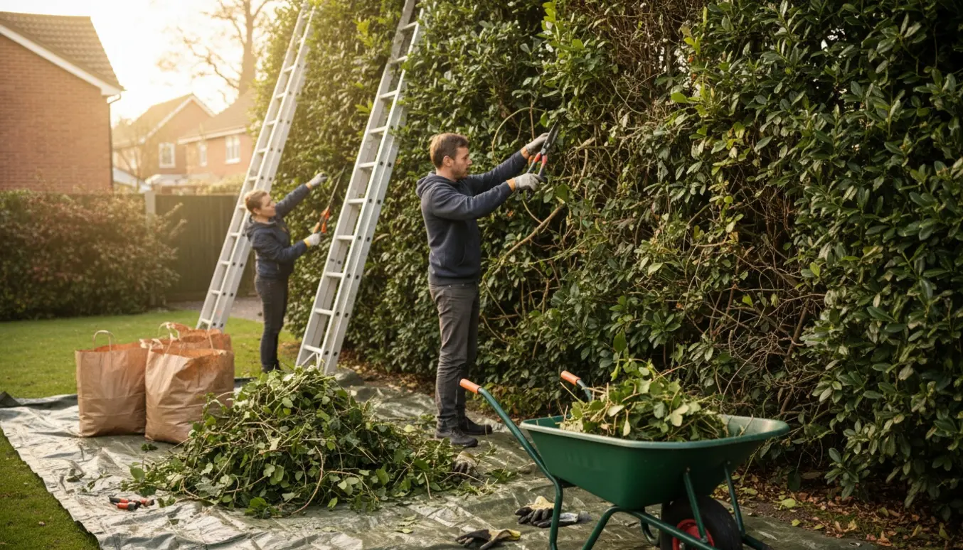 To naboer fjerner efeu fra en tæt hæk med beskæresakse, handsker og en trillebør med haveaffald.