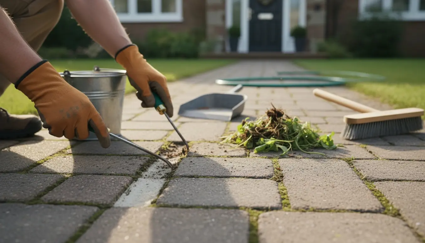Handskerede hænder fjerner ukrudt mellem fortovsfliser foran et hus.