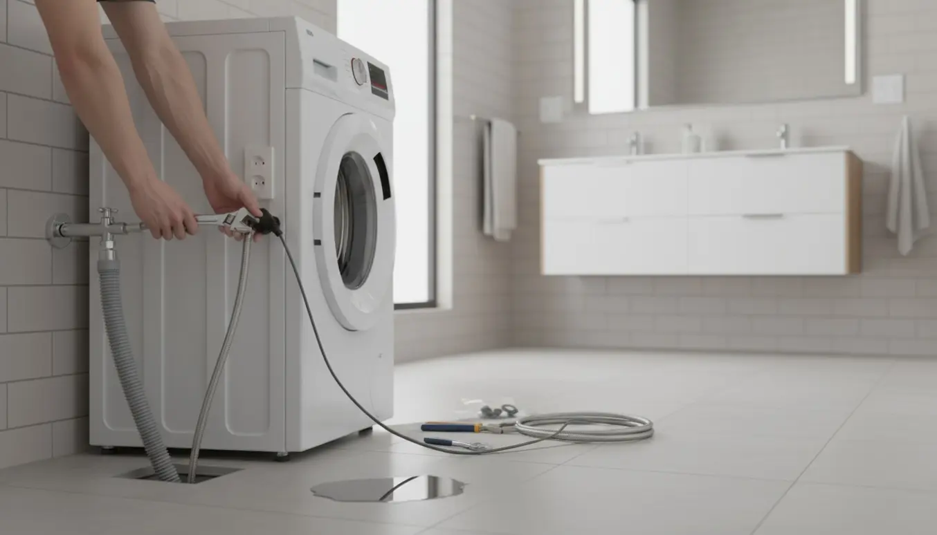 Hænder tilslutter vand- og afløbsslanger og stikkontakt på en hvid vaskemaskine i et lyst badeværelse.