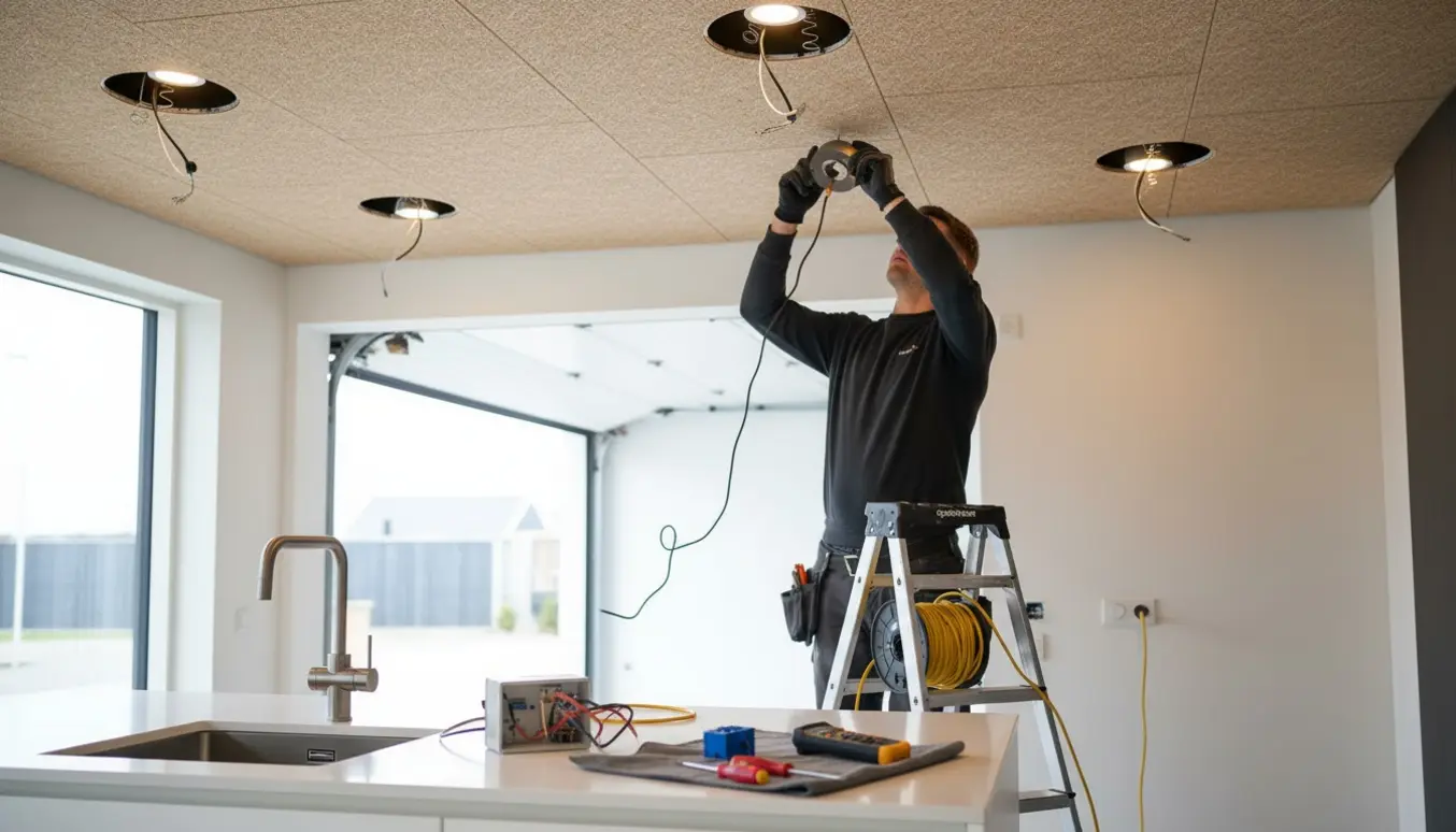 Hænder monterer seks indbygningsspots i et troldtekt-loft over et køkken med værktøj og Quooker-stikkontakt synlig.