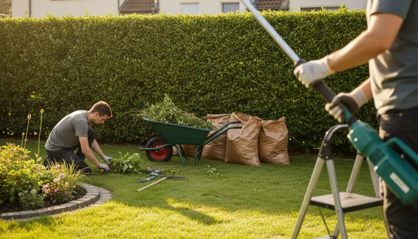 En person trimmer toppen af en ligusterhæk med en stangklipper, afklip i en trillebør og et bed under lugning i forgrunden.