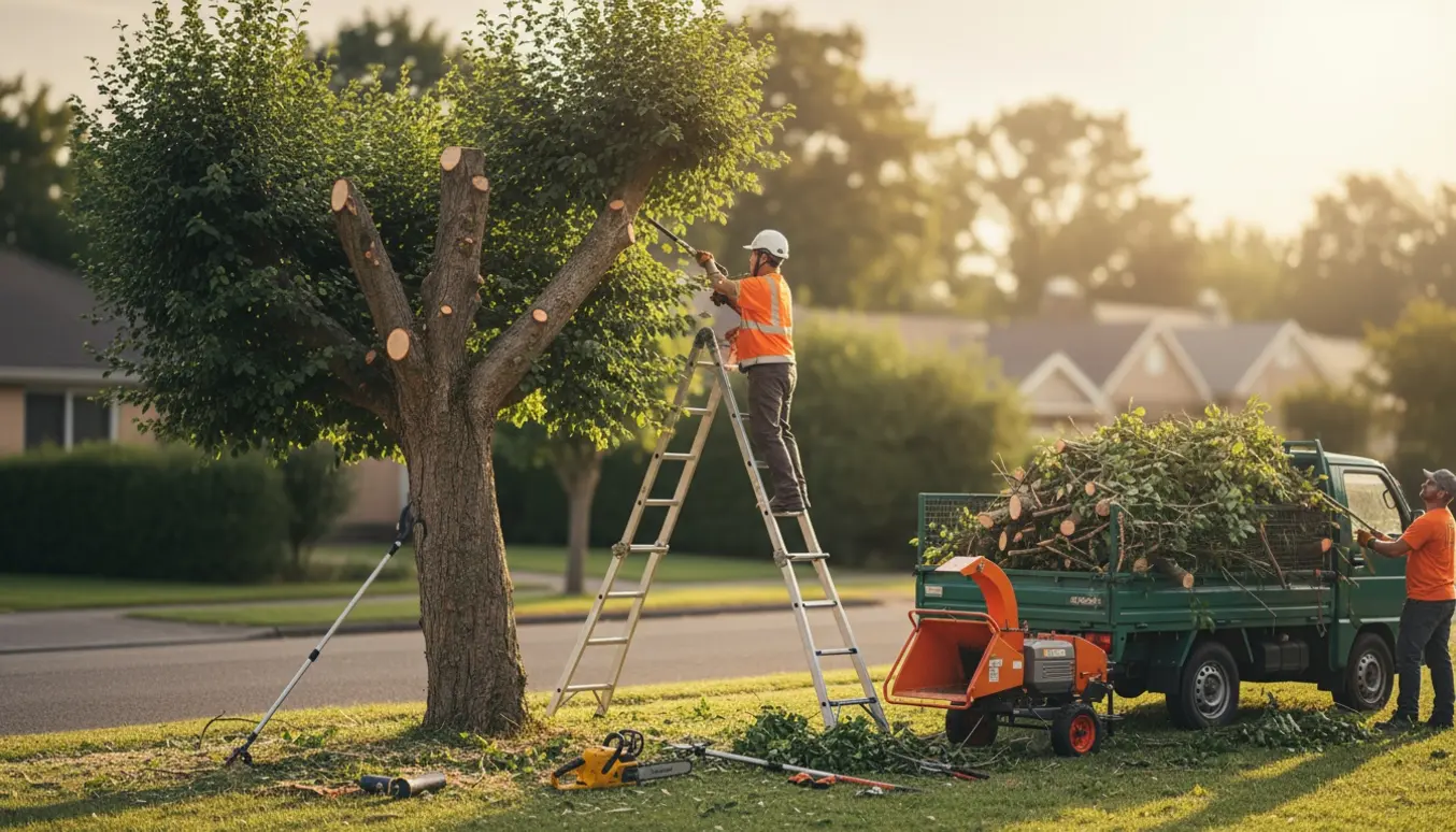 Professionel beskæring af et træ med beskårne grene samlet i en trailer klar til bortkørsel.