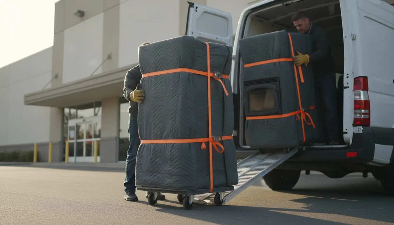 To mænd læsser en stående brændeovn forsigtigt ind i en varevogn, pakket i tæpper og fastgjort med stropper.