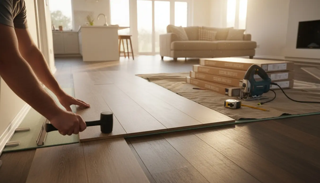 Hænder klikker en laminatplanke på plads over et eksisterende trægulv i et åbent køkken-alrum og gang.