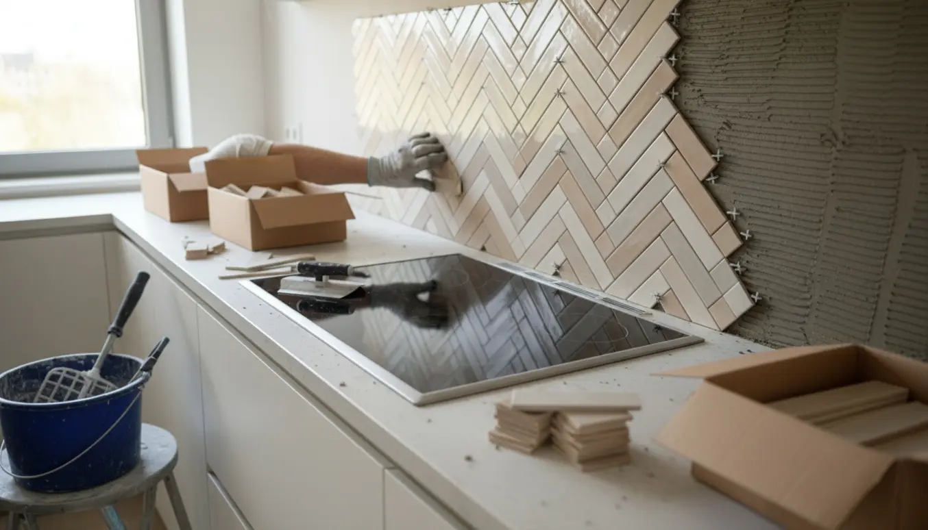 Køkken under opsætning af sildebensklinker over bord og induktionskomfur med værktøj og hænder i arbejde.