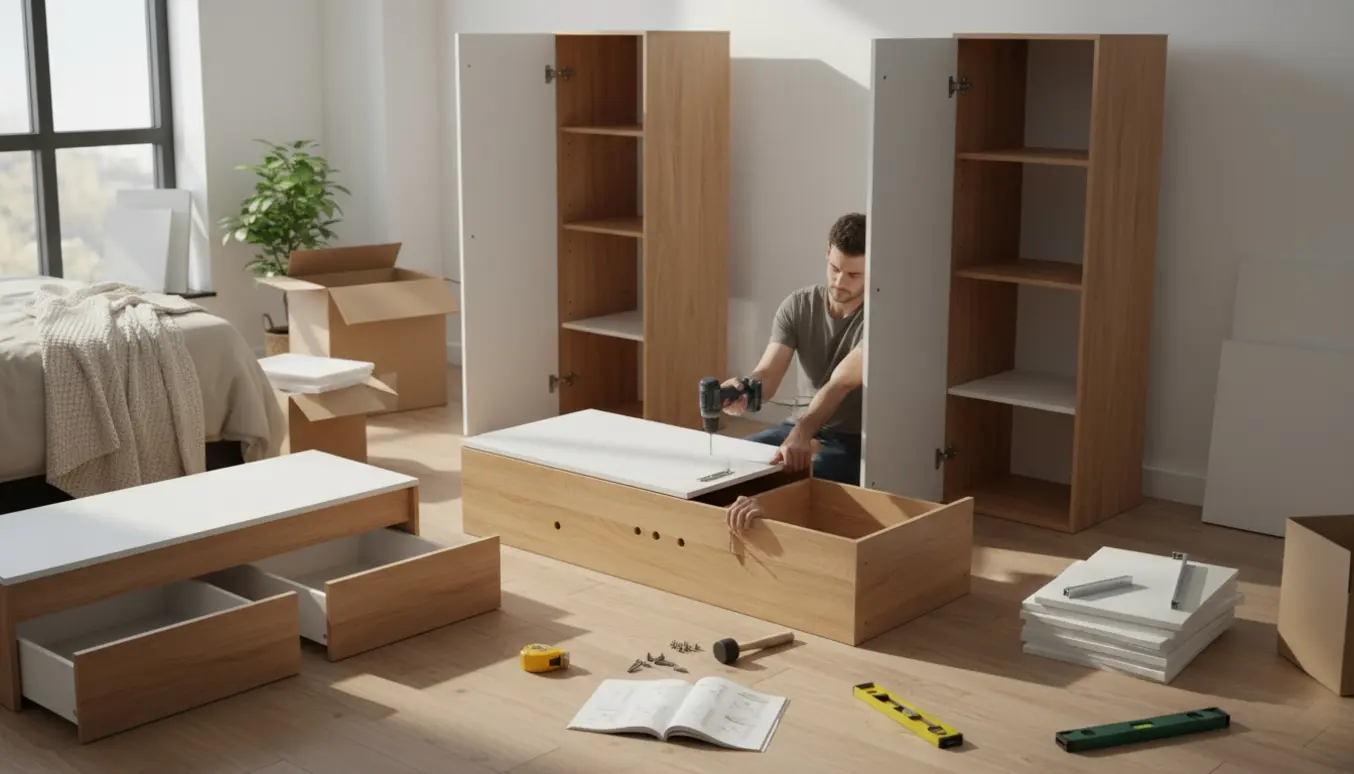 Nærbillede af samling af to skabe og en kommode i et lyst værelse med værktøj og manual.