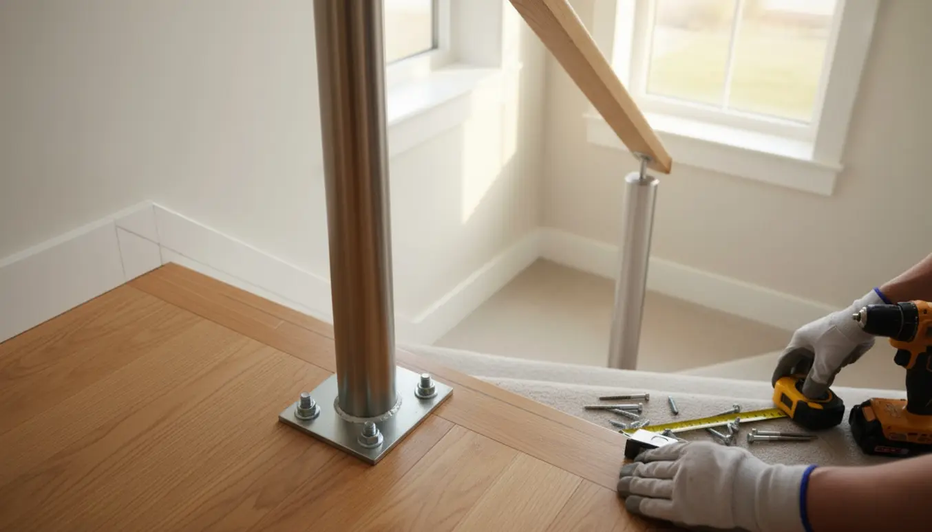 Nyt gelænder monteres på en stejl trappe med en gulvmonteret stolpe og værktøj på trinene.