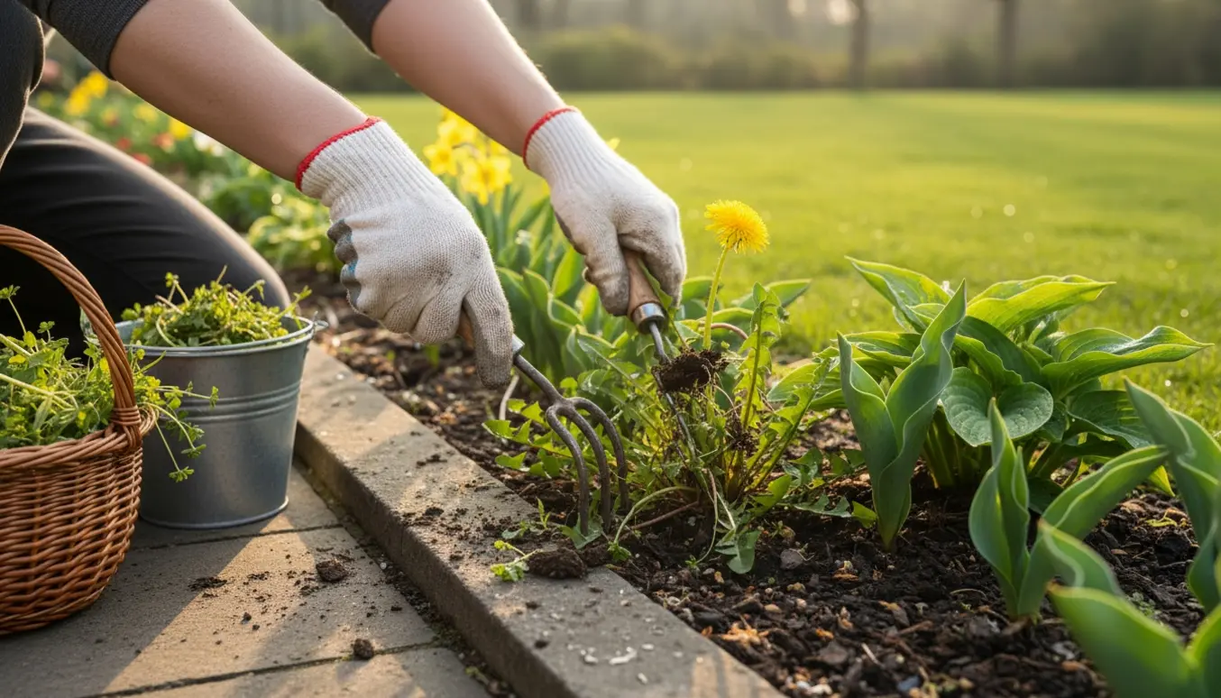 Nærbillede af en person, der luger ukrudt i et blomsterbed med hostaer og blomsterløg langs en grøn græsplæne.