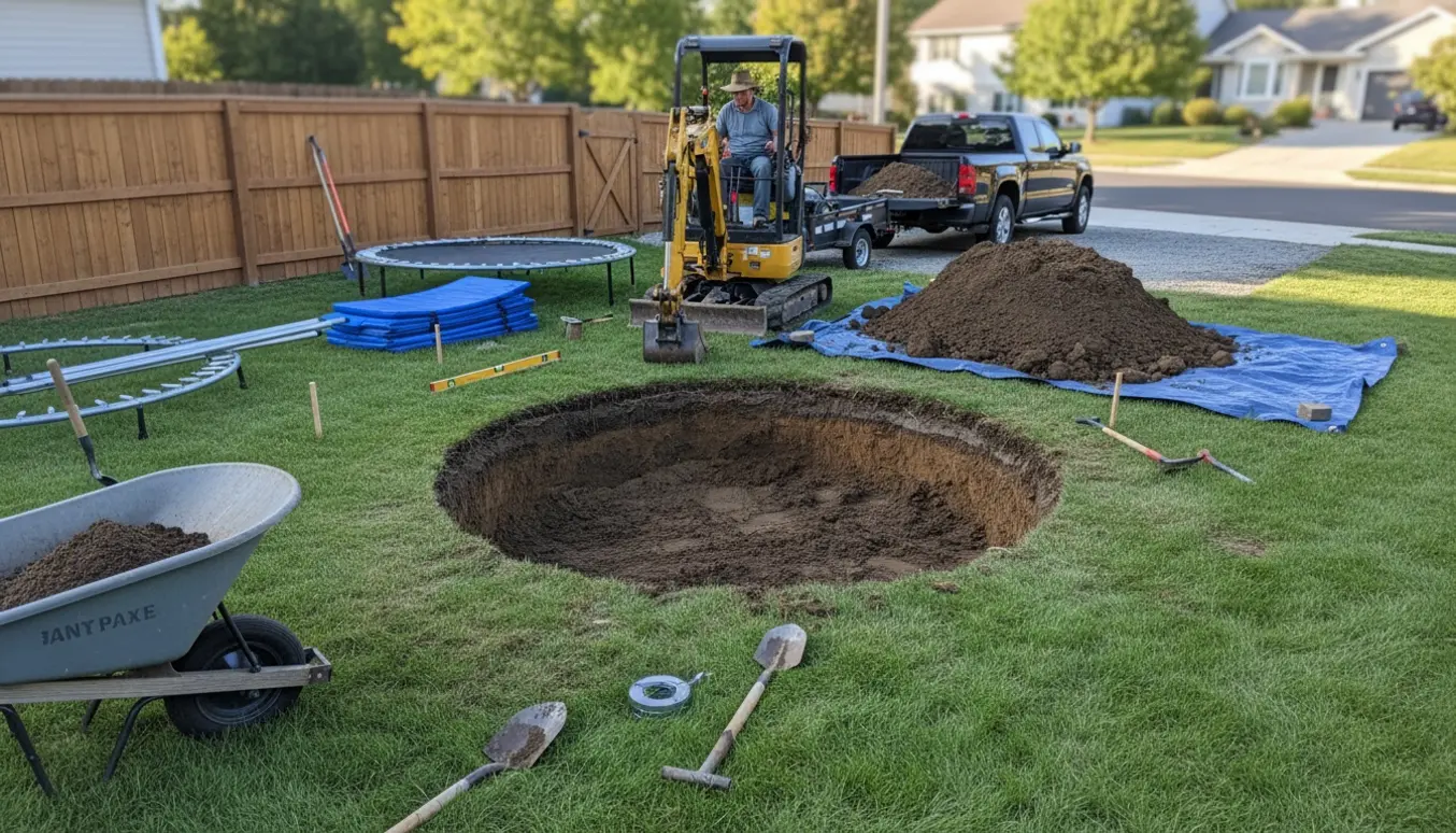 Nyudgravet rundt hul til nedgravet trampolin i baghave med jordbunker, værktøj og adgang til vejen.