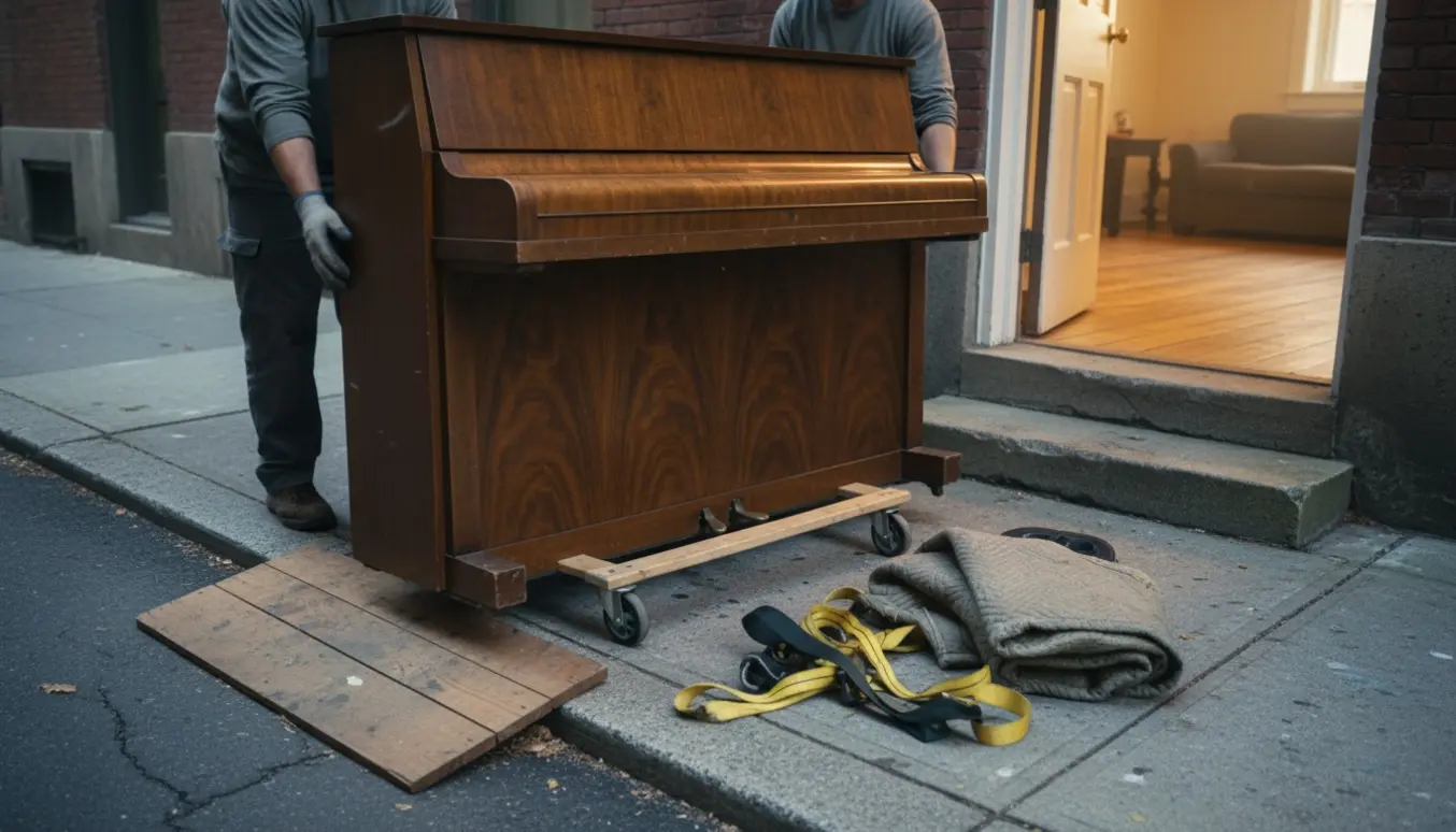 Et klaver på møbelhund bliver forsigtigt flyttet fra kælder op ad rampe og ind gennem en smal hoveddør.