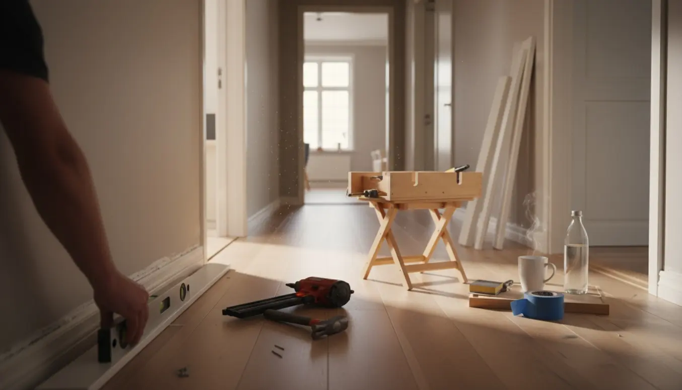 Hænder monterer en hvid fodliste i en lys gang med værktøj og stakke af lister i baggrunden.