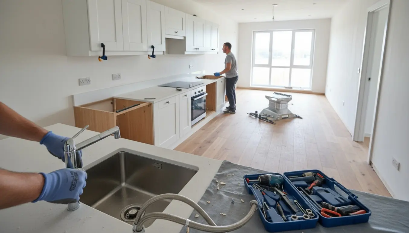 Montage af brugtkøkken med hvide skabe, indbygningsovn, keramisk kogeplade og hånd, der tilslutter en ny vandhane.