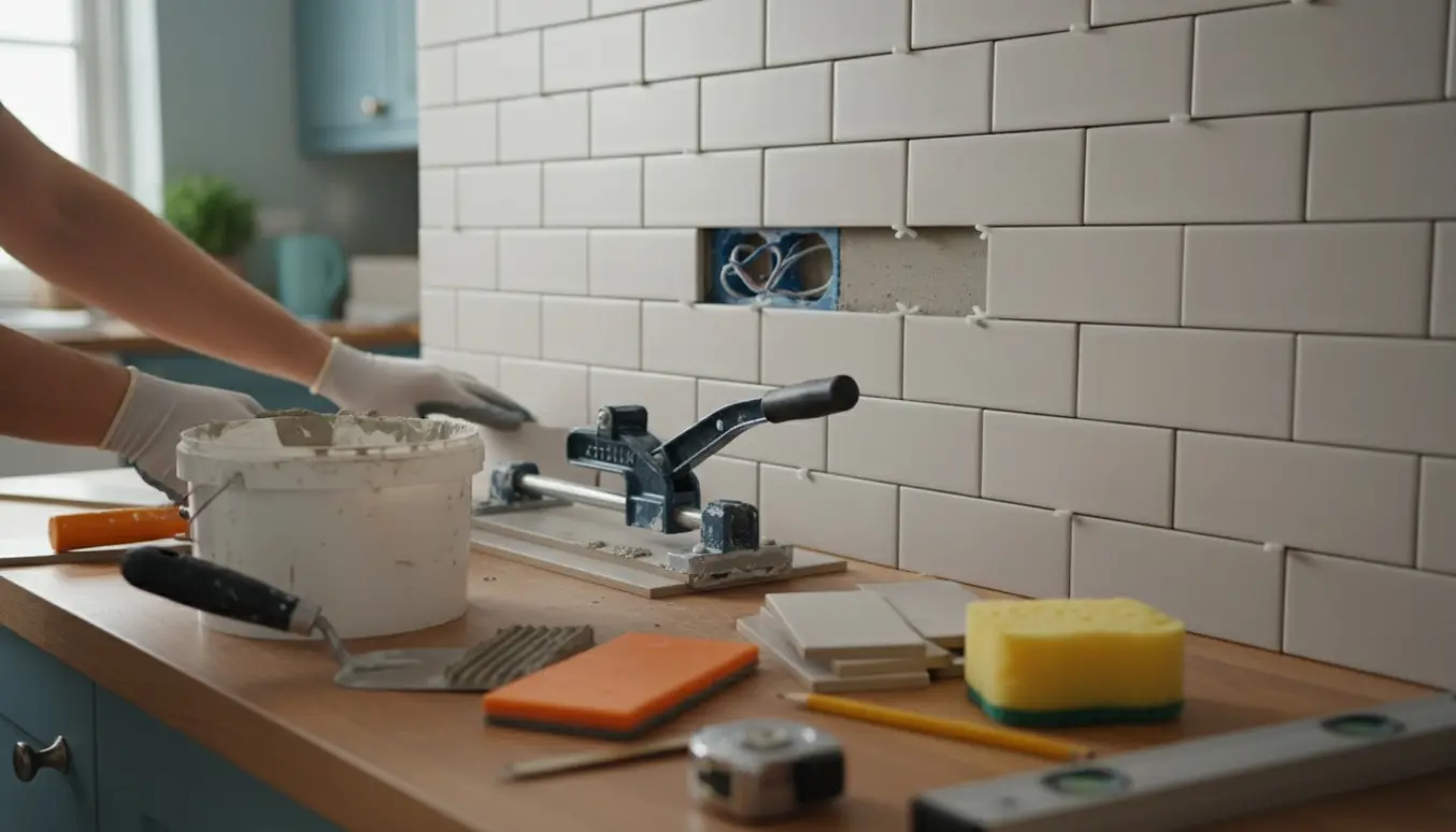 Delvist opsatte smalle køkkenfliser med værktøj og udskæringer omkring stikkontakter.