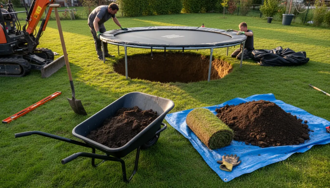 Delvist nedgravet trampolinramme i rund udgravning med skovl, trillebør og jord i en baghave.